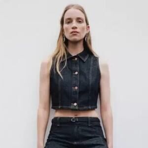 Zara Blue Denim Sleeveless Button Down Vest Top Jean Collared Collar Y2K Cotton